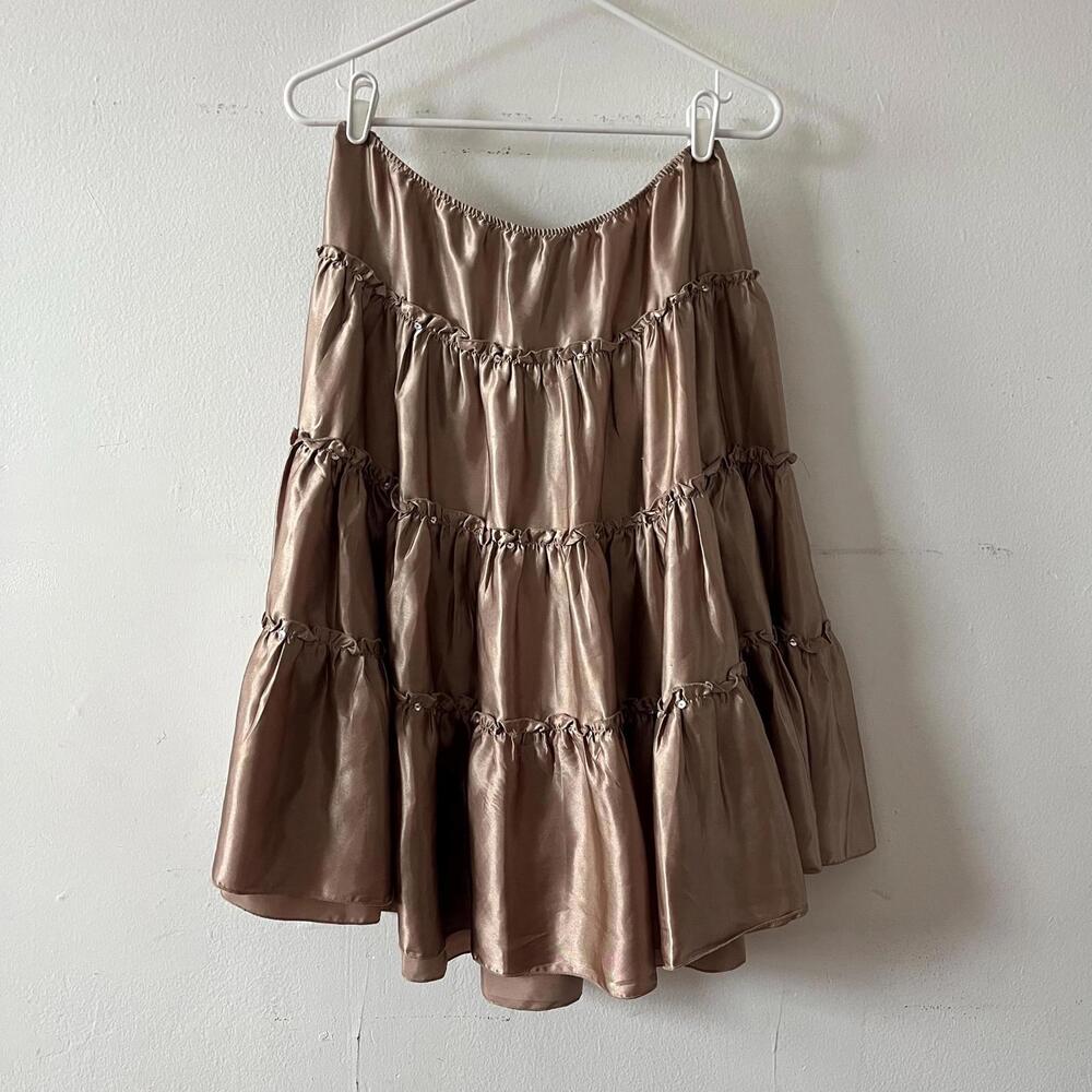Vintage Miss Chievous Tiered Satin Skirt Size M • Brown Ruffle Midi Skirt